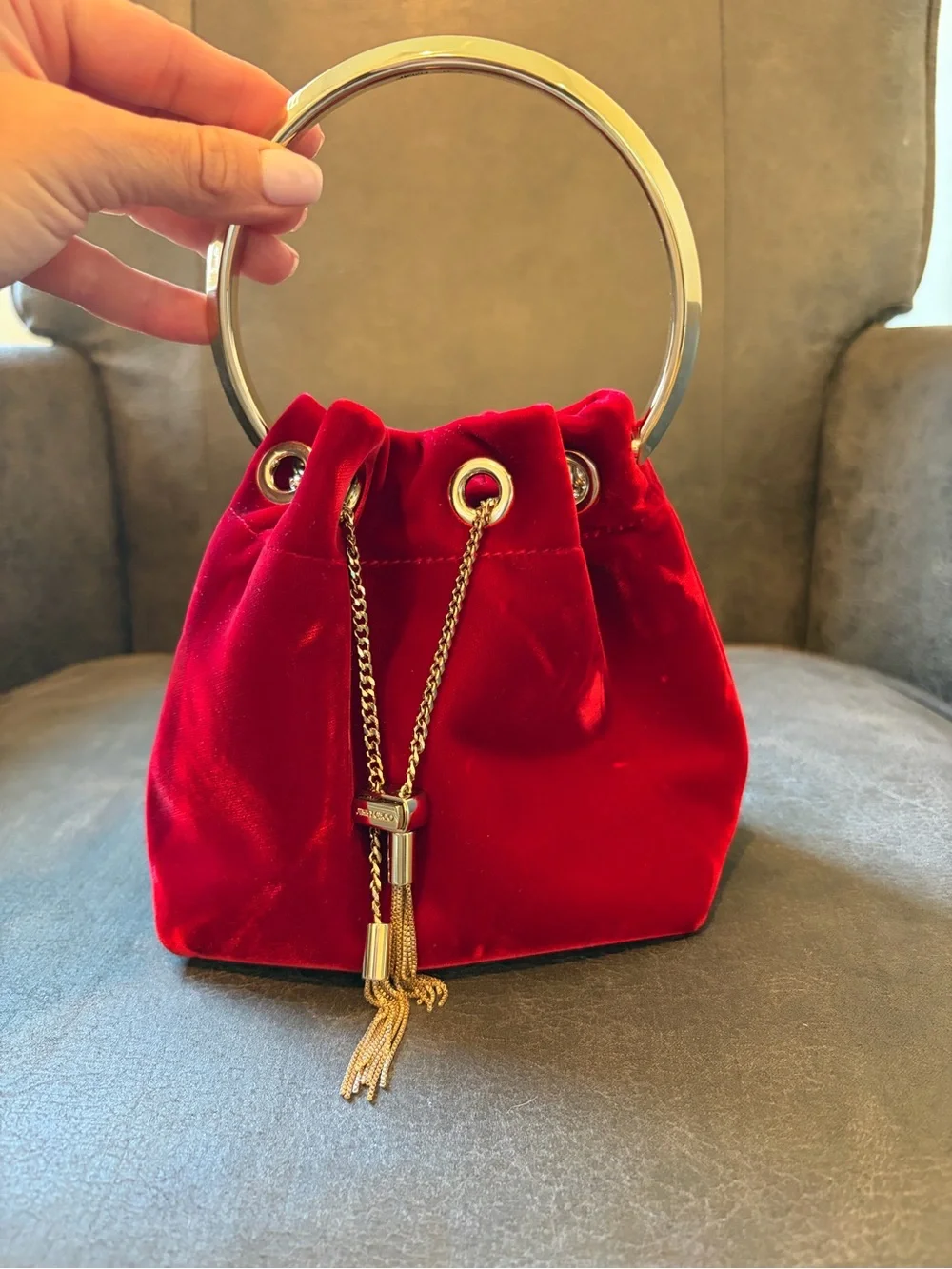 Jimmy Choo Red Velvet Drawstring Satchel with Gold Chain